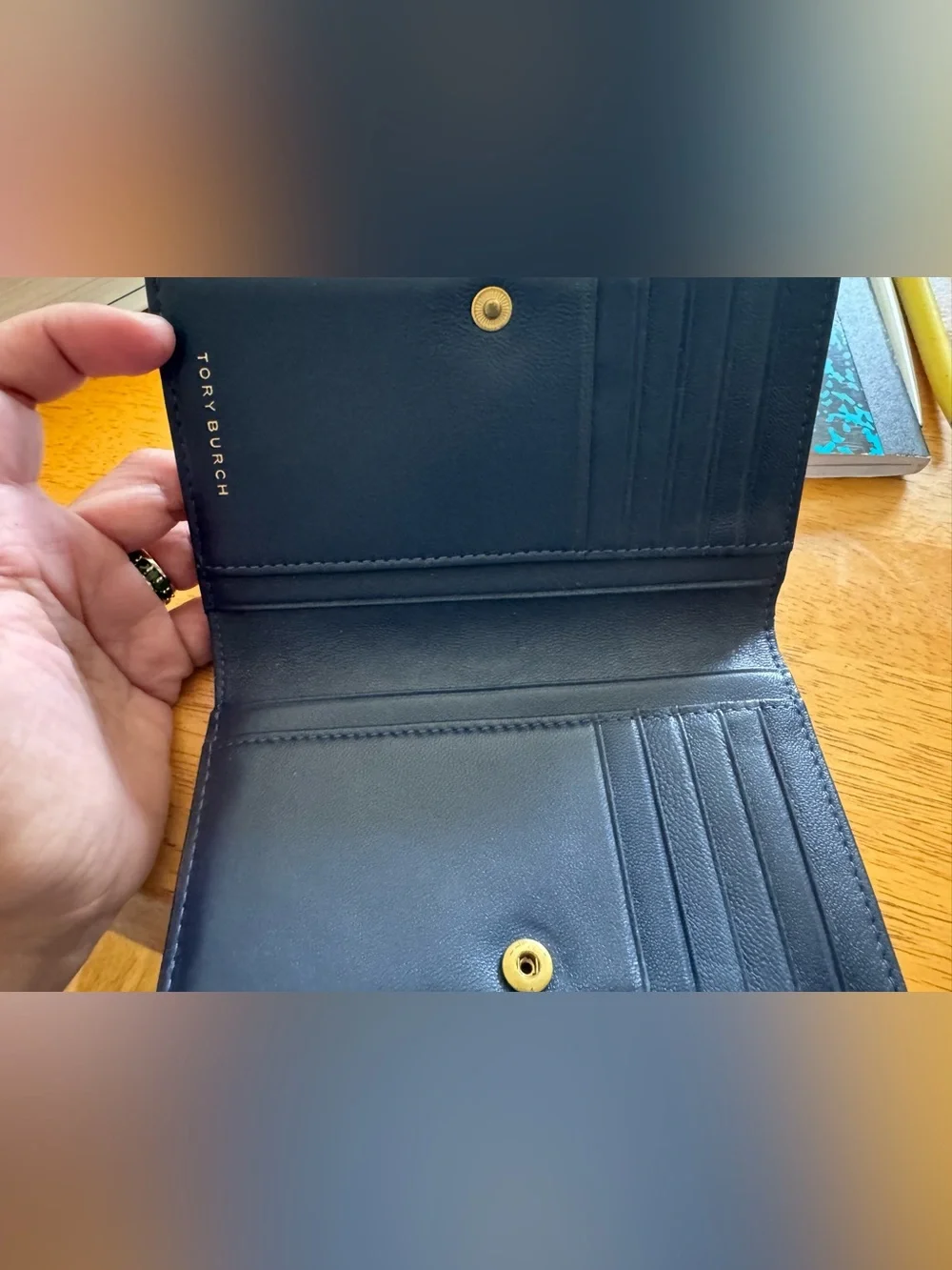 Tory Burch Croc-Embossed Wallet in Deep Blue with Gold Logo